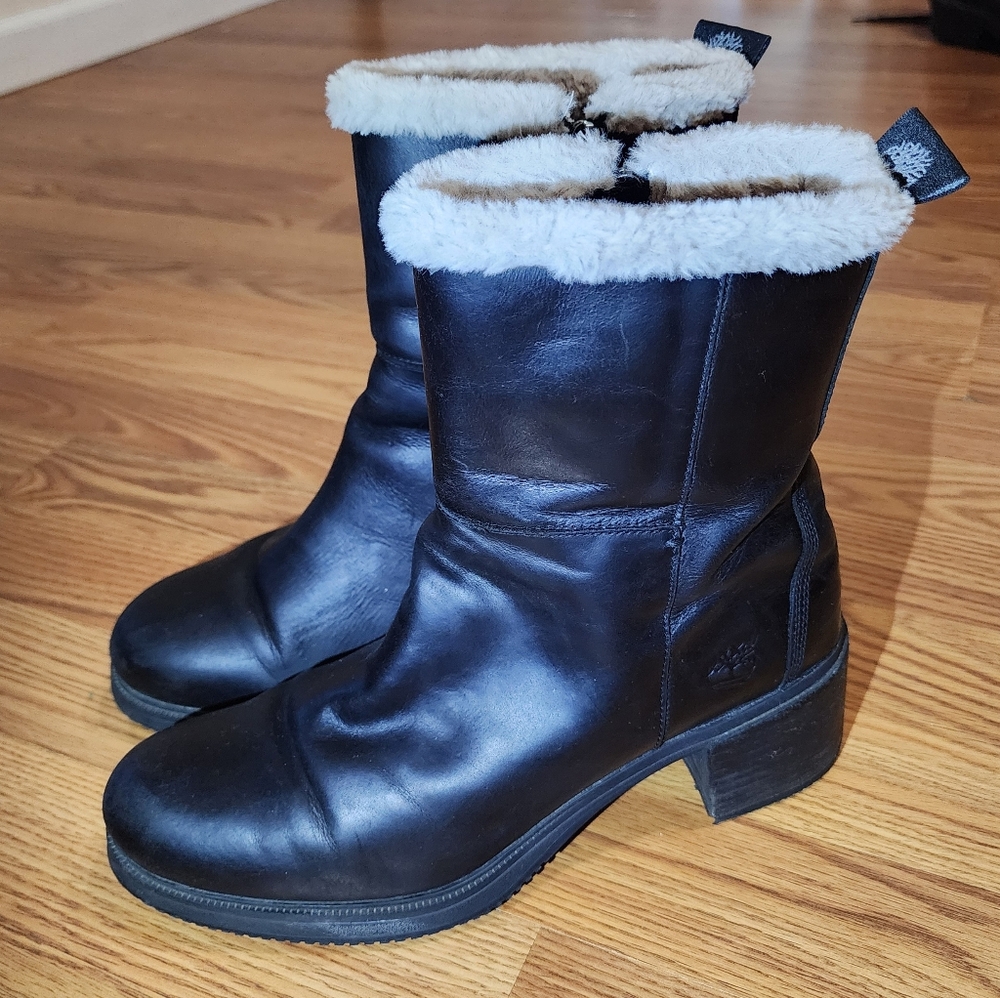 Timberland Womens Dalston Boots Size 10 Black Leather Faux Fur Lined Block Heel